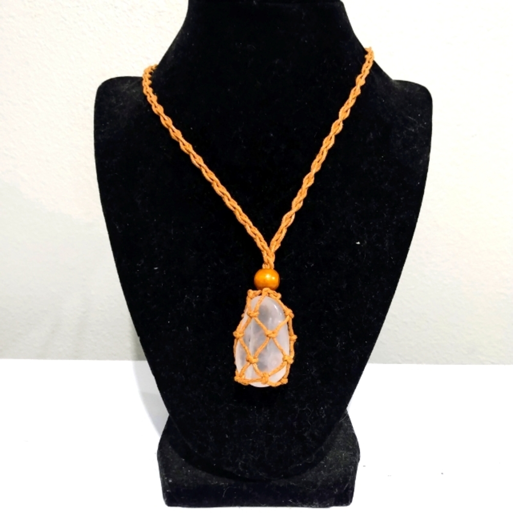Handmade macrame necklace, with tumbled quartz crystal from Arkansas